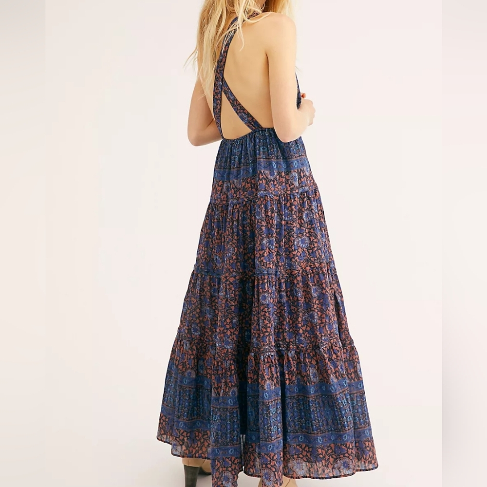 Free People Blue and Brown Floral Maxi Dress
